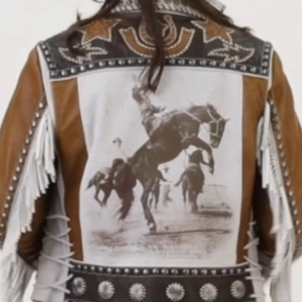 Double D Ranch Leather fringe Jacket studded bucking horse cowgirl RTL $1395 NWT - Picture 6 of 15